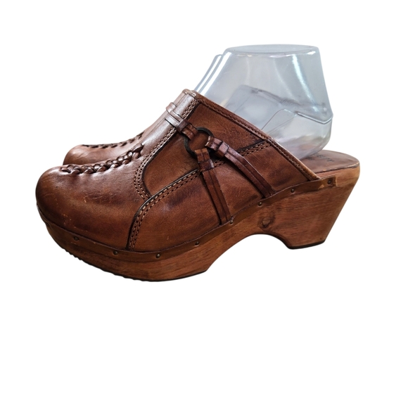 Vtg 1970s Fanfares Brown Leather Wooden Clogs - Picture 2 of 11